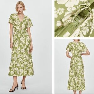 MANGO Women's Green  Floral Printed Cut-Out Detail Midi Dress US 4